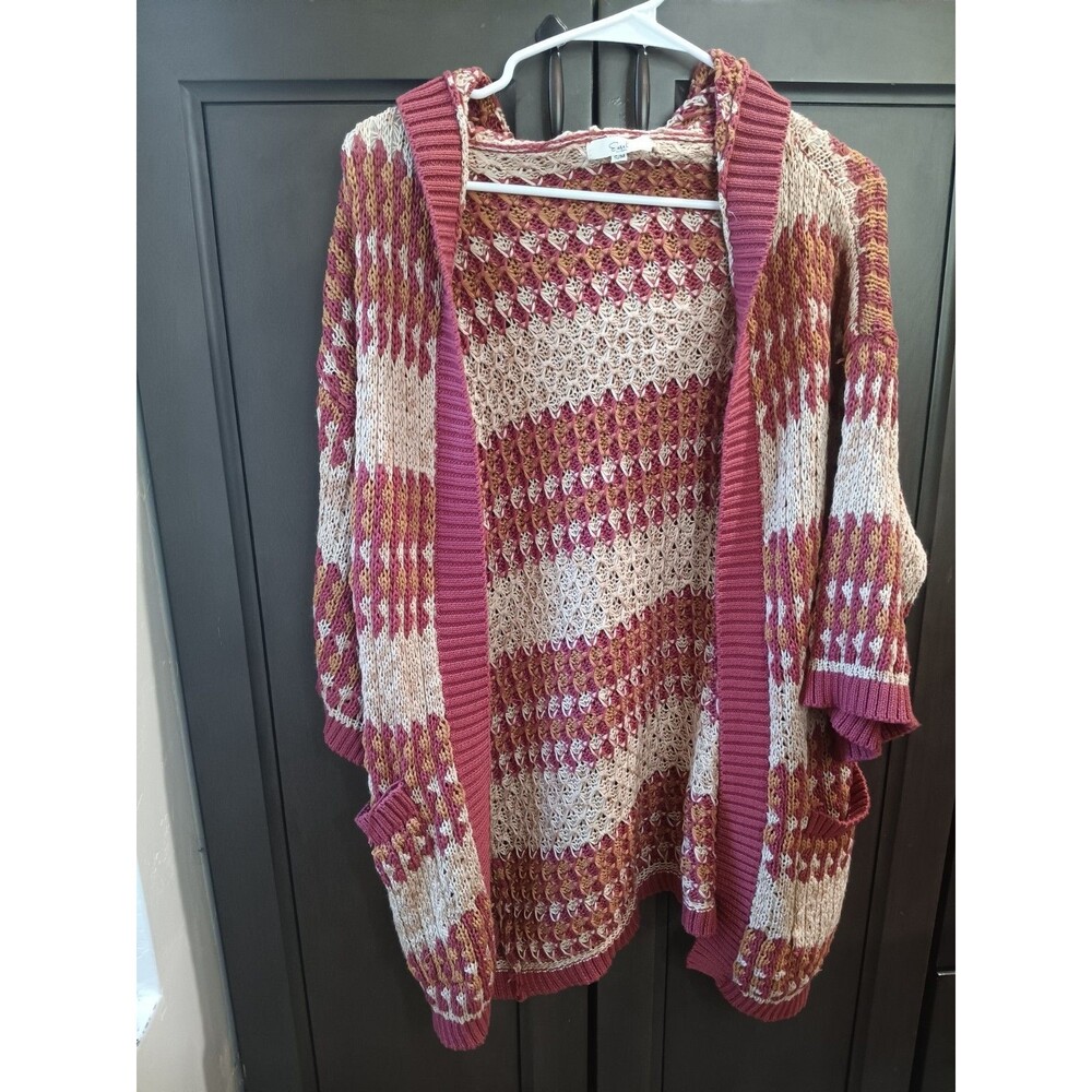 Easel Size S/M Deep Multicolor Chunky Knit Short Sleeve Hooded Open Cardigan